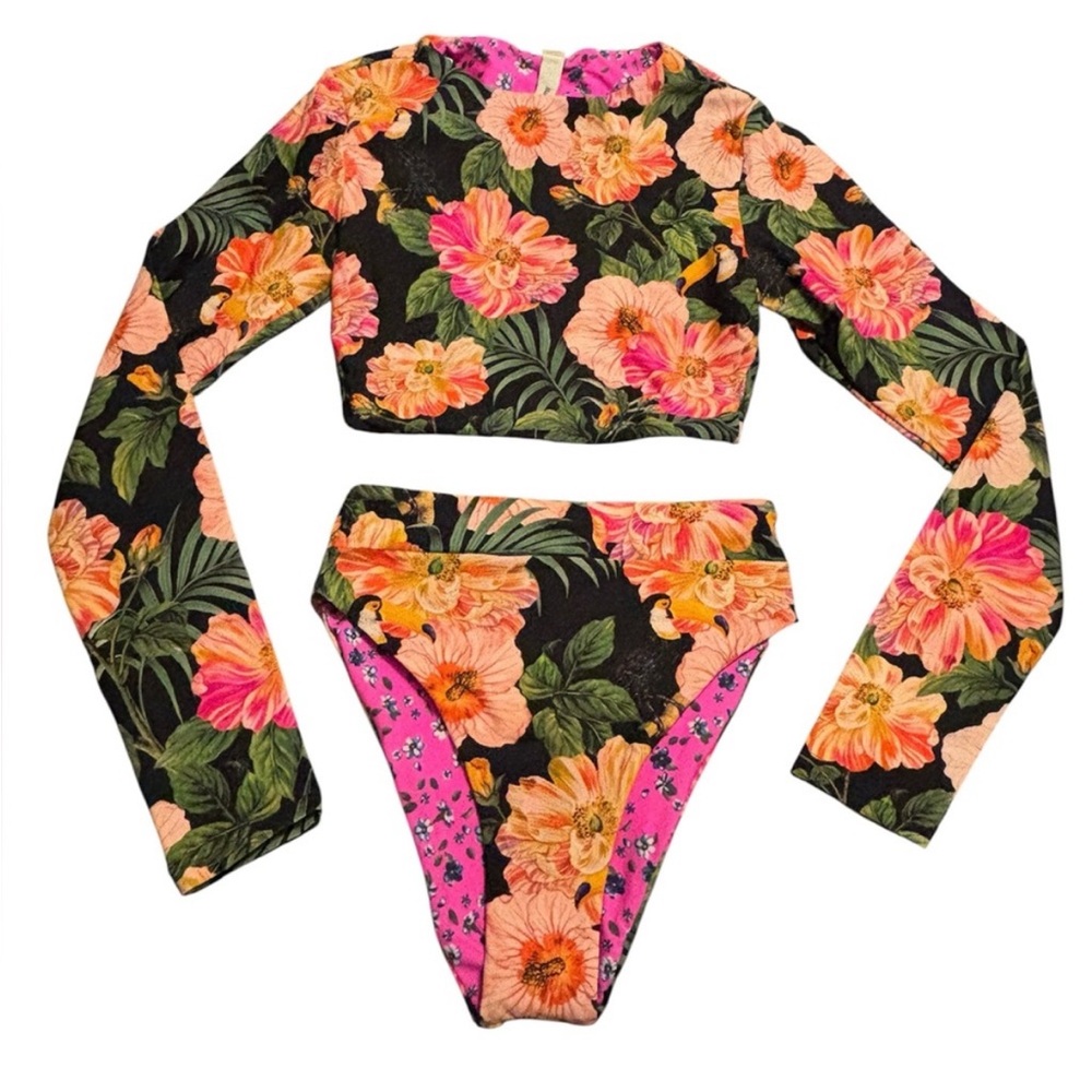 Maaji Long Sleeve Bikini Set Tropical Floral with Toucans Print